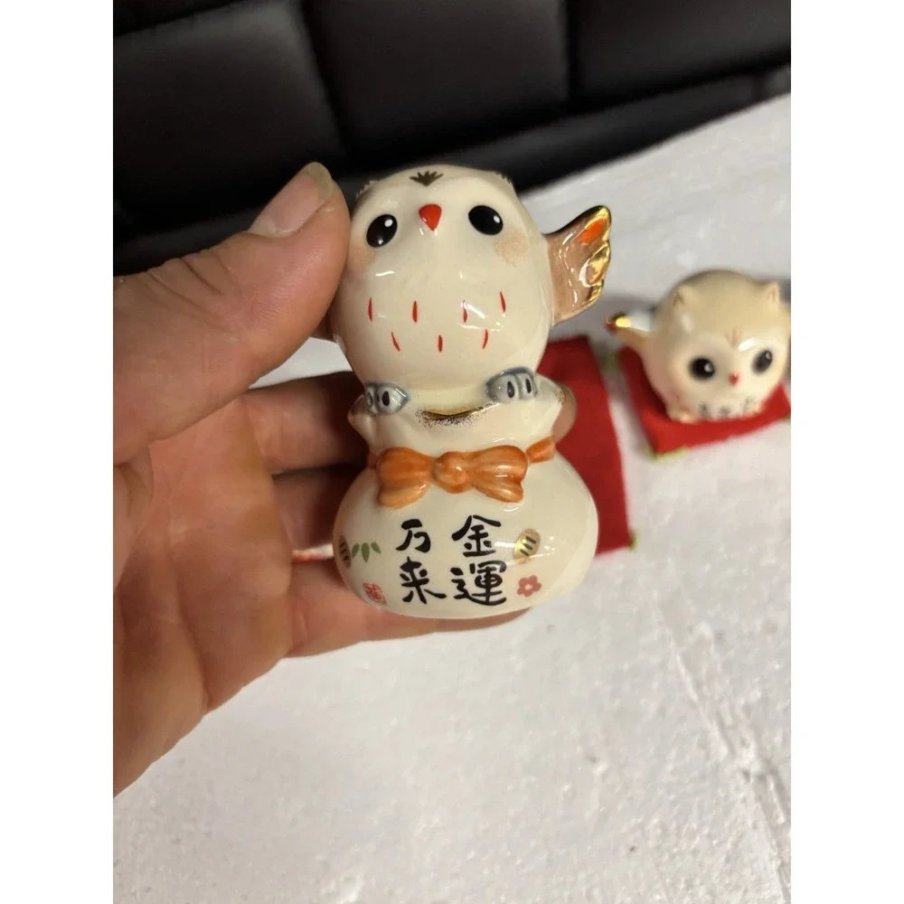 Vintage Yakushigama Japan Pottery Owls Set 5 Pcs Lucky Fukurou Fortune Decor⁠